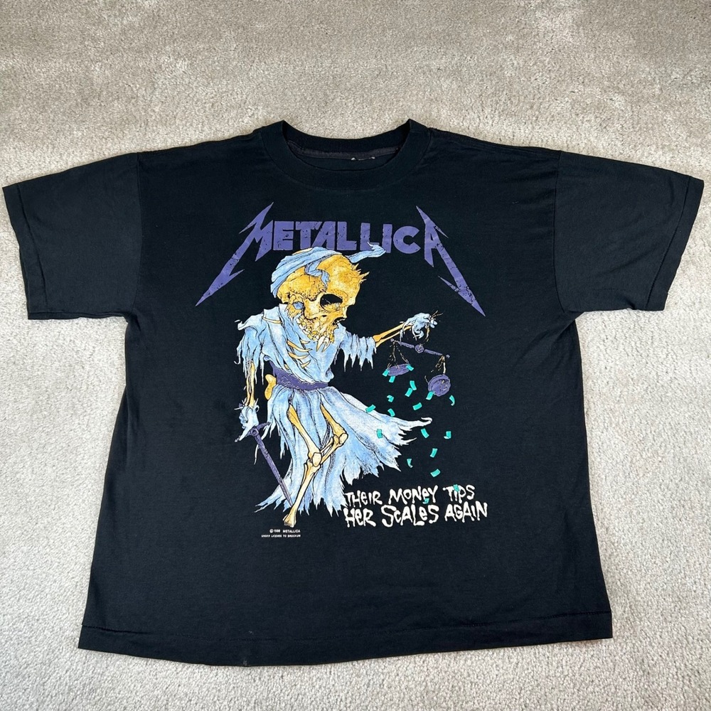 Vintage 1989 Metallica Their Money Tips Her Scales Again T-Shirt Brockum Black L